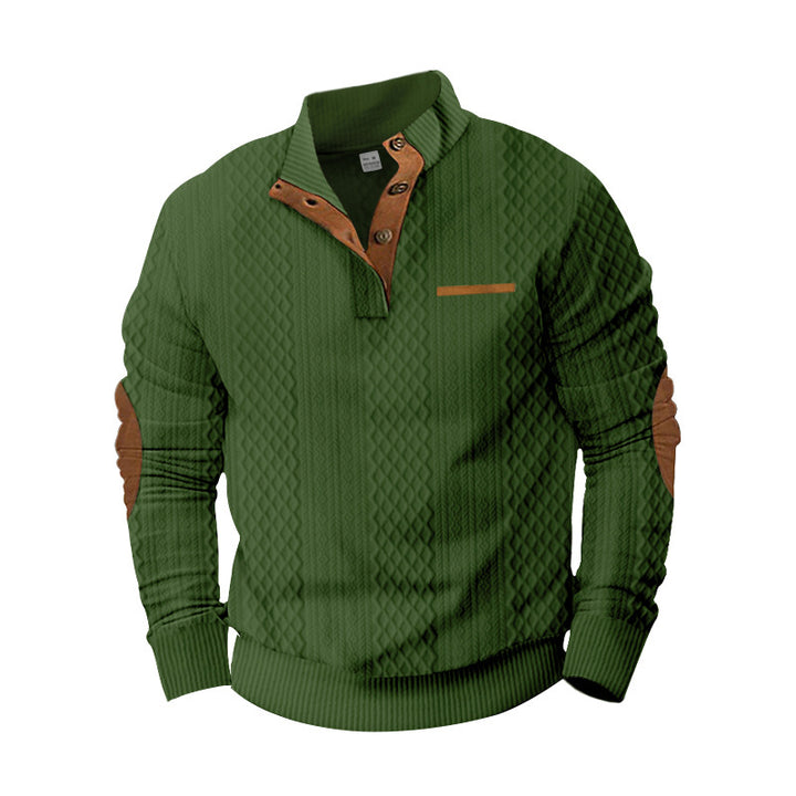Herren nan strukturiertes Halbknopf-Pullover mit gesteppter Oberfläche, Ellbogen-Patches und Stehkragen Drune