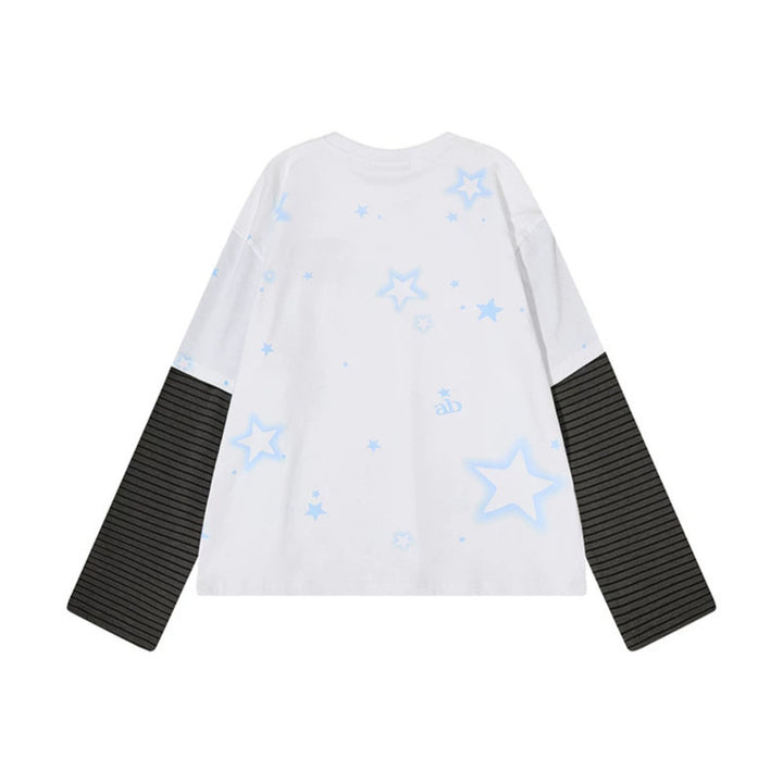 Damen Layered-Langarmshirt mit gestreiften Einsatzärmeln, Stern-Print und Applikation Drune
