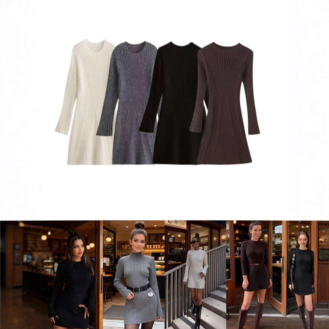 Damen Geripptes Strickkleid mit ausgestellter A‑Linie und weiten Manschetten Drune