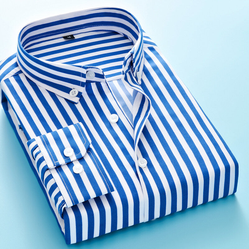 Herren nan gestreiftes Business-Hemd mit Button-Down-Kragen, Brusttasche und bügelleichtem Baumwollmix Drune
