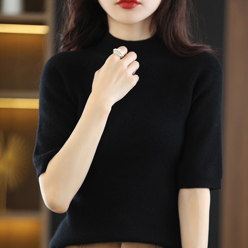 Damen Kurzärmeliger Feinstrick-Pullover mit halbem Rollkragen Drune