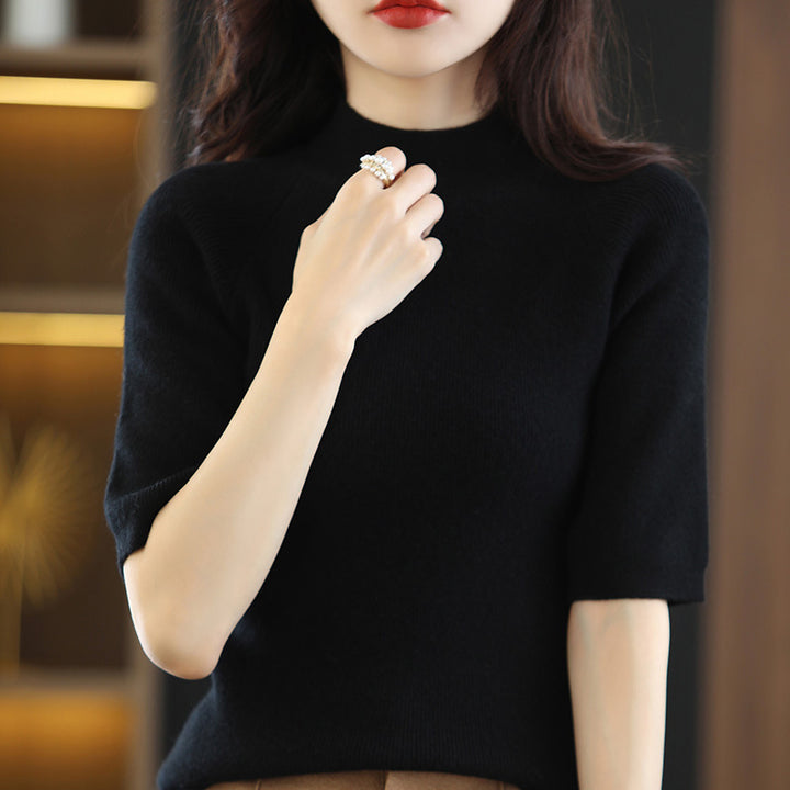 Damen Kurzärmeliger Feinstrick-Pullover mit halbem Rollkragen Drune