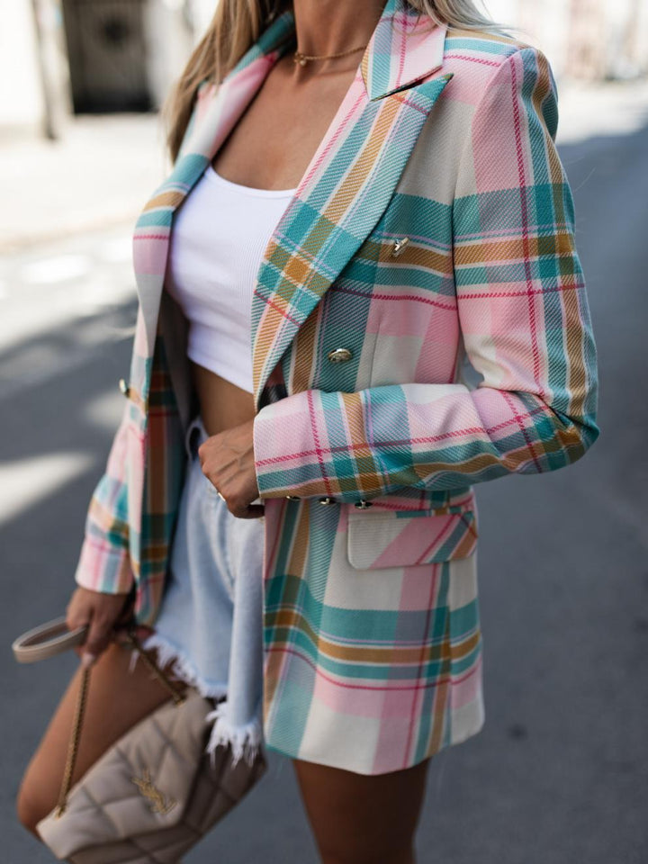 Damen Karierter Blazer mit doppelter Knopfreihe und eleganten Details Drune