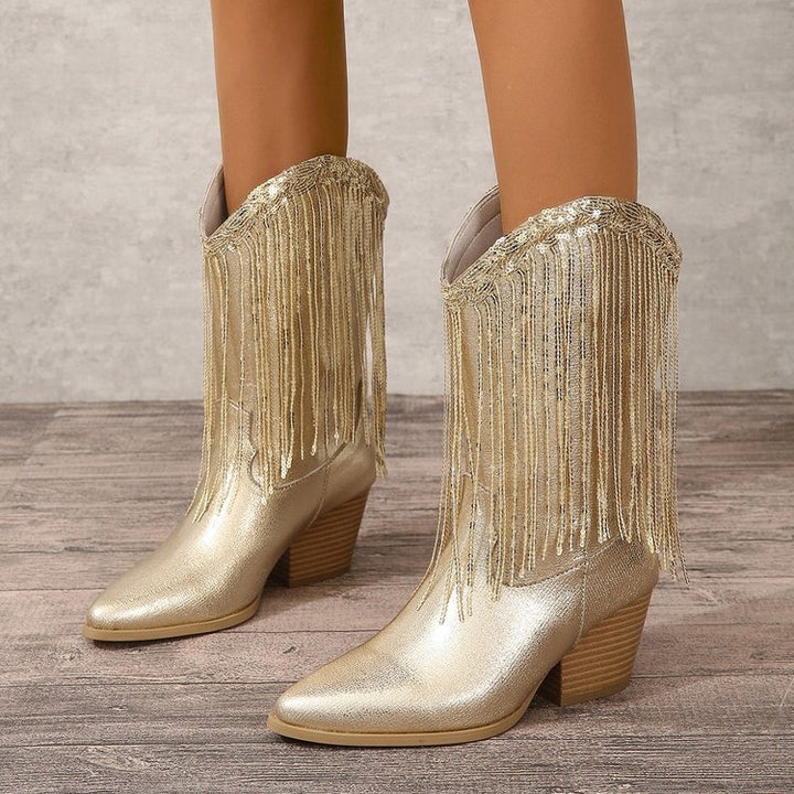 Damen kniehohe Fransen-Cowboystiefel mit feiner Perlenfransen-Verzierung und geformtem Blockabsatz Drune