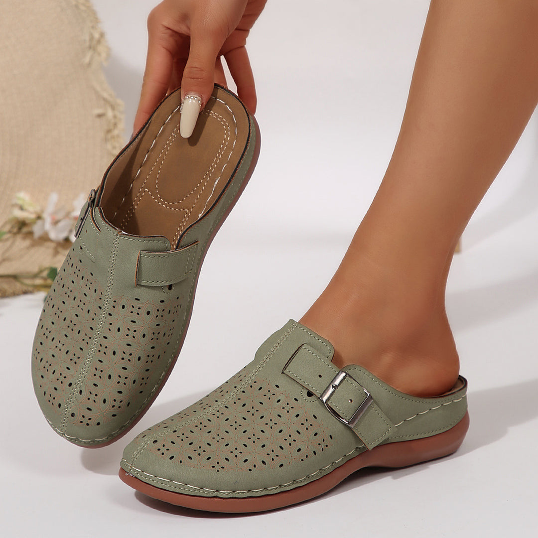 Damen Perforierte Komfort-Mule mit verstellbarer Metallschnalle und gepolstertem Fußbett Drune