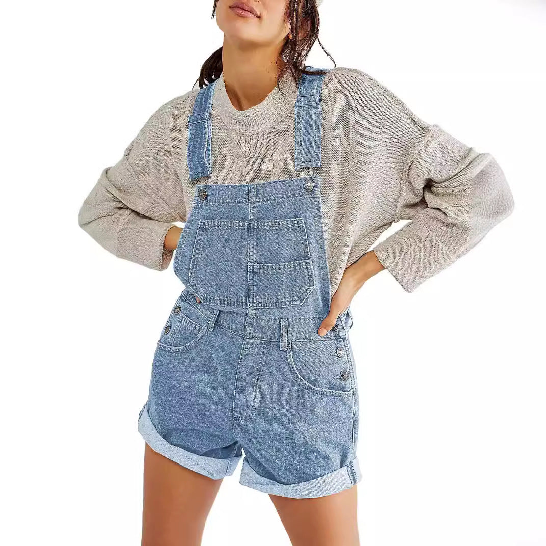 Damen Lässige Denim-Latzshorts mit funktionalen Taschen und verstellbaren Trägern Drune