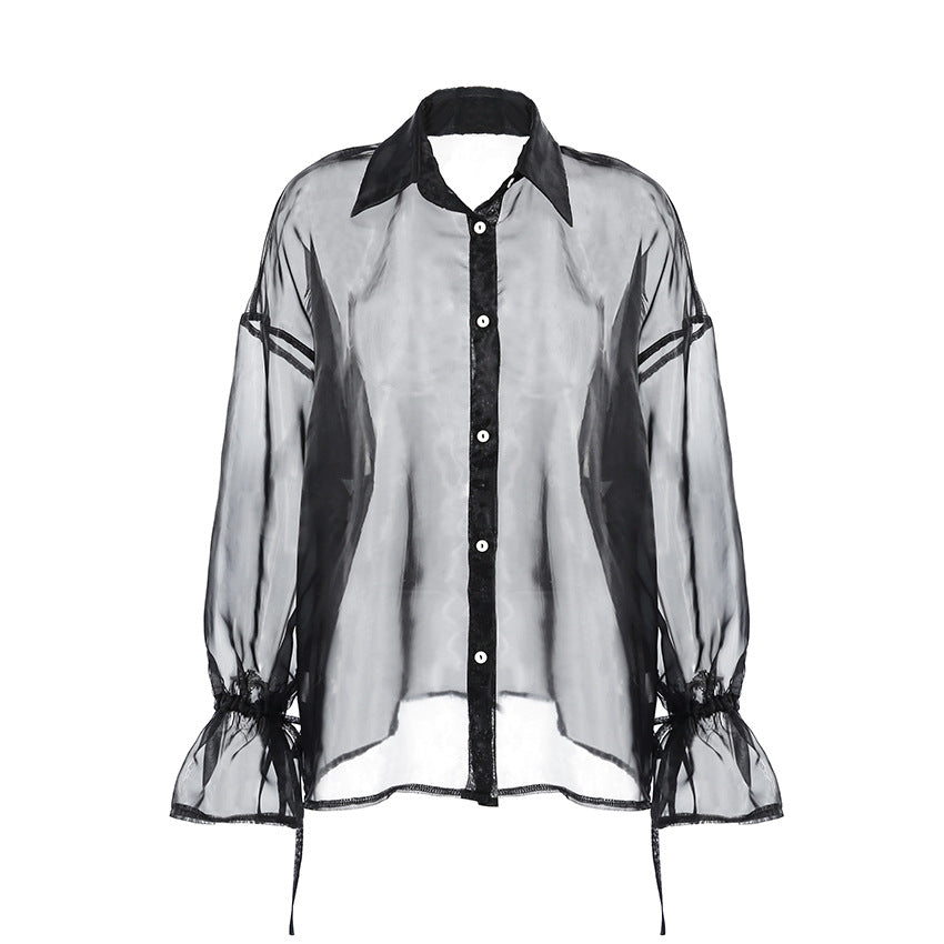 Damen transparente Bluse mit voluminösen Ärmeln und eleganten Bändchen Drune