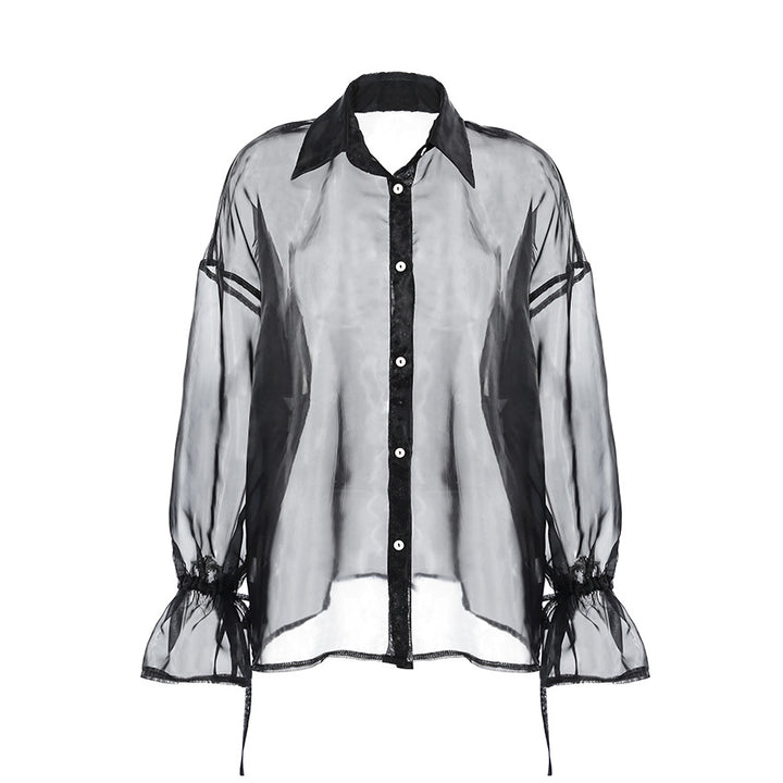 Damen transparente Bluse mit voluminösen Ärmeln und eleganten Bändchen Drune