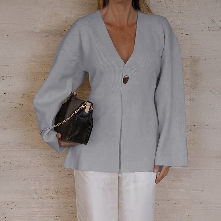 Damen nan taillierter Feinstrick-Cardigan mit V-Ausschnitt, Zierknopf und frontaler Schlitz Drune