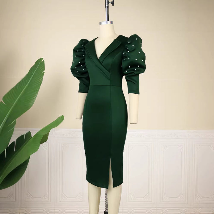 Damen figurbetontes Midi-Kleid mit voluminösen Puffärmeln und eleganten Perlenakzenten Drune