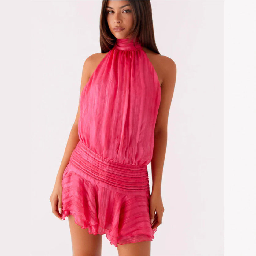 Damen Neckholder Minikleid mit Rüschensaum und gepolstertem Oberteil Drune