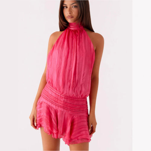 Damen Neckholder Minikleid mit Rüschensaum und gepolstertem Oberteil Drune
