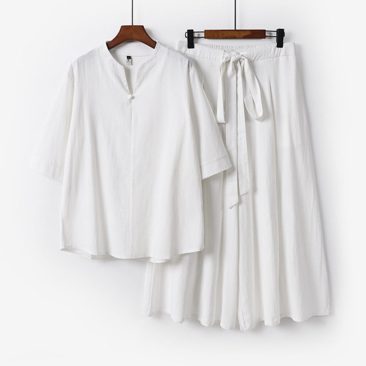 Damen Lässiges Leinen-Viskose Lounge-Set mit Stehkragen-Oberteil und weiten Palazzo-Hose Drune
