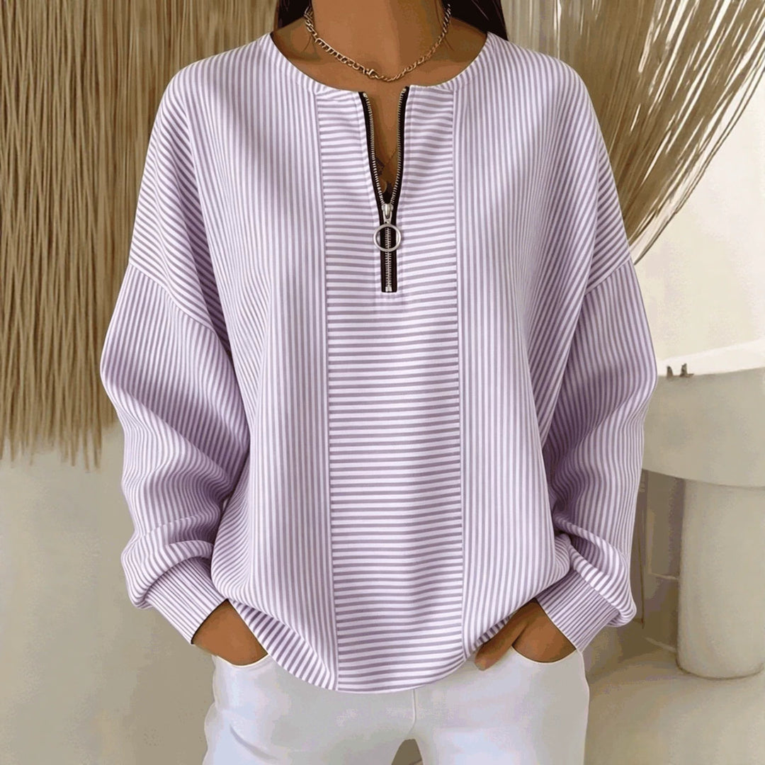 Damen Oversize Pullover mit feiner Rippstruktur und kurzem Zipper Drune