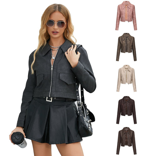 Damen modische cropped Kunstlederjacke mit klassischem Wellenkragen Drune