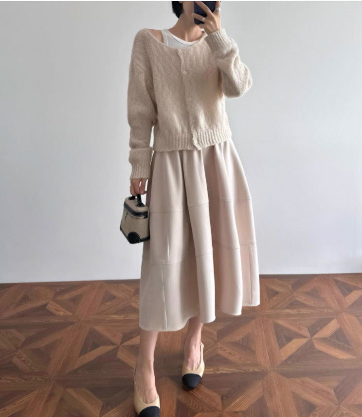 Damen Stylische, luftige 3/4-Arm Strickjacke und Midikleid Kombination Drune