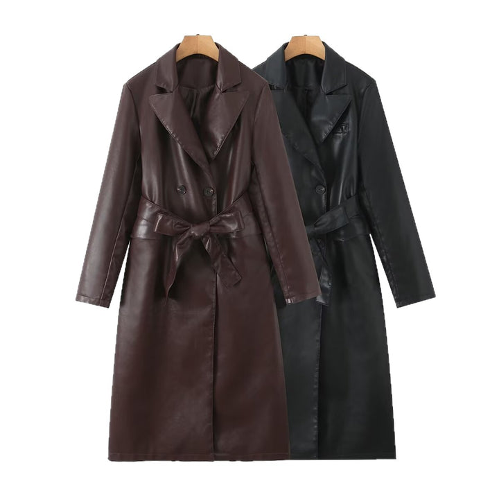 Damen Kunstleder Trenchcoat mit taillierbarem Gürtel und doppelter Knopfleiste Drune