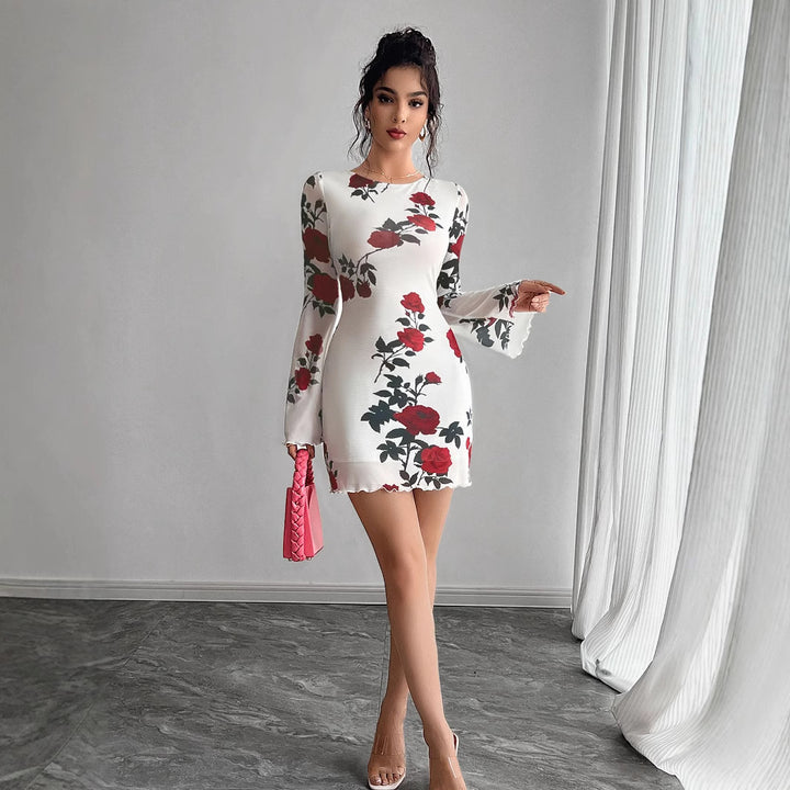 Damen nan figurbetontes Minikleid mit Rosenmuster und Trompetenärmeln Drune