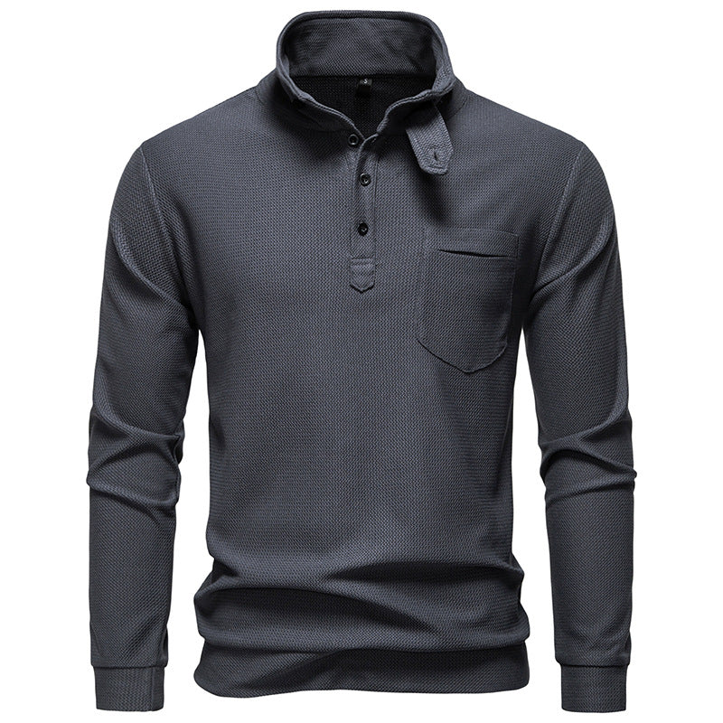 Herren Texturiertes Waffelstrick-Henleyshirt mit hohem Kragen, Knopfleiste und Brusttasche Drune