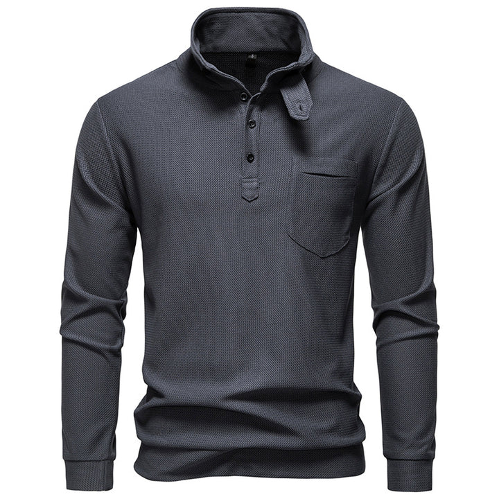 Herren Texturiertes Waffelstrick-Henleyshirt mit hohem Kragen, Knopfleiste und Brusttasche Drune