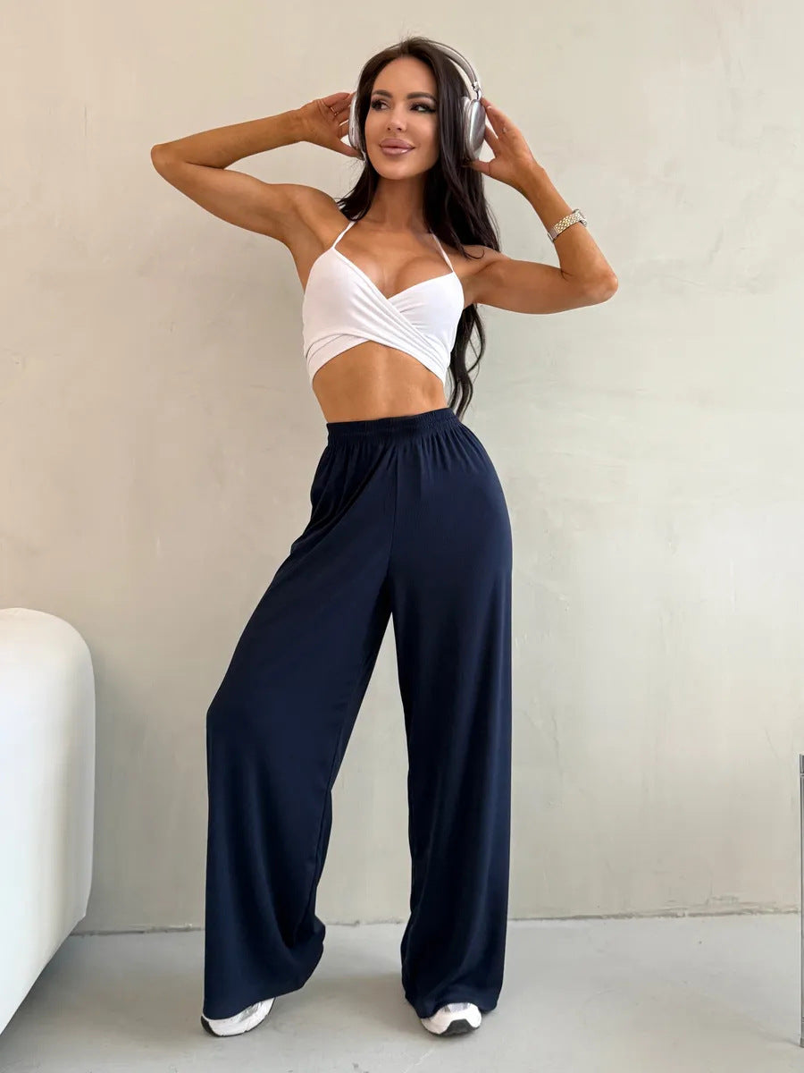 Damen weite High-Waist Palazzo-Hose aus geripptem Jersey mit elastischem Bund Drune
