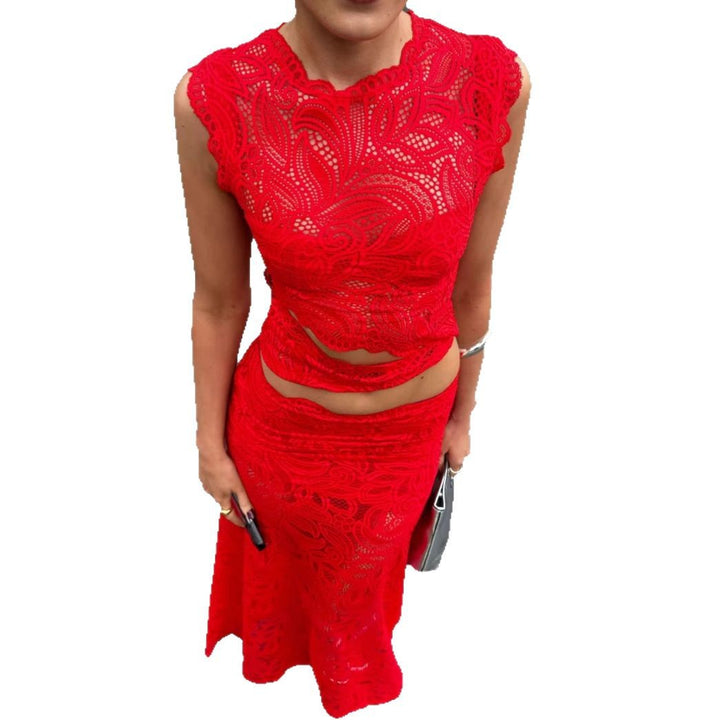 Damen nan elegantes Spitzen-Set mit bauchfreiem kurzem Top mit Wellensaum und taillenhohem figurbetontem Maxirock Drune