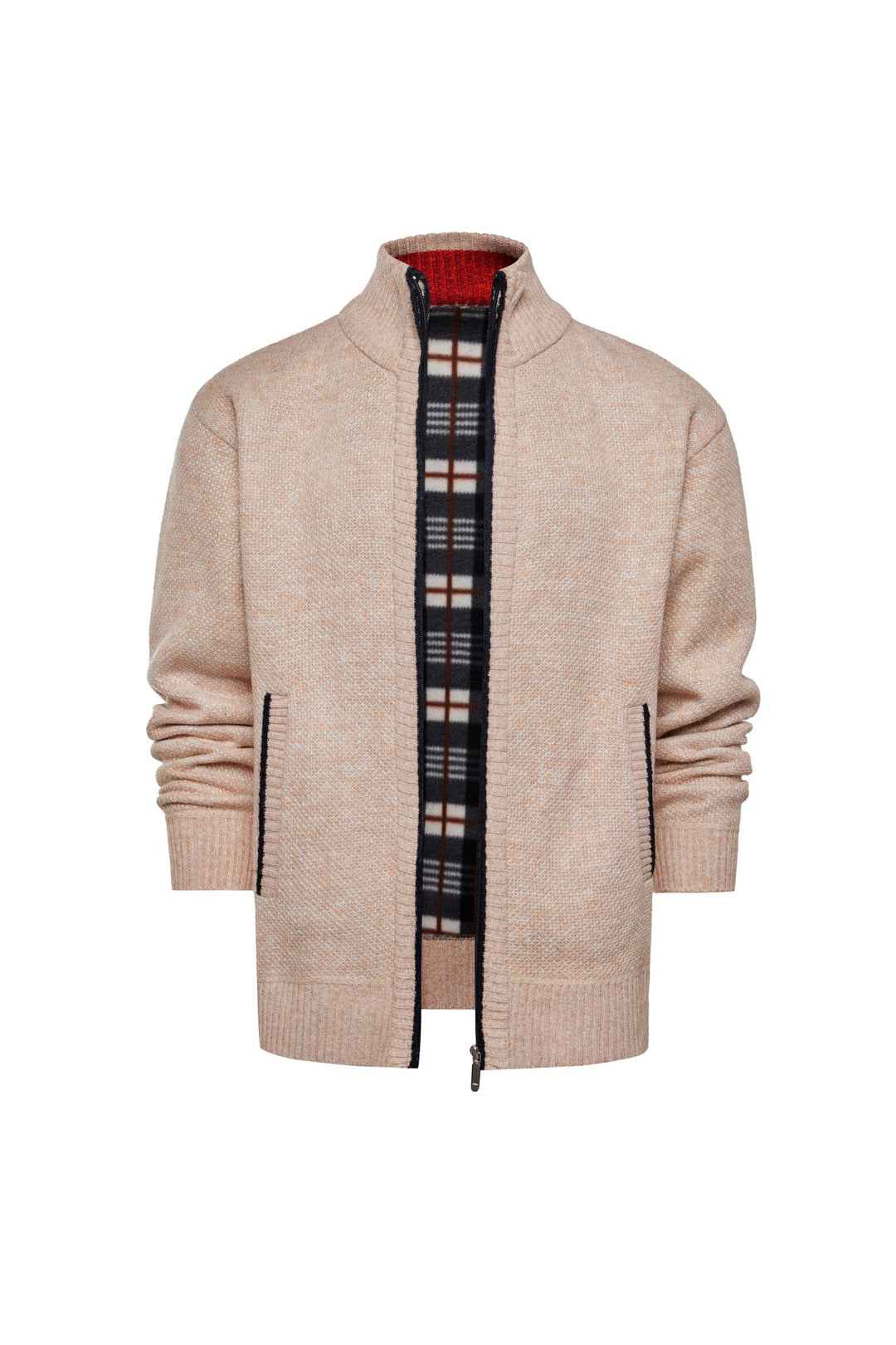 Herren gebürstete Strickjacke mit kariertem Thermofutter und Stehkragen Drune