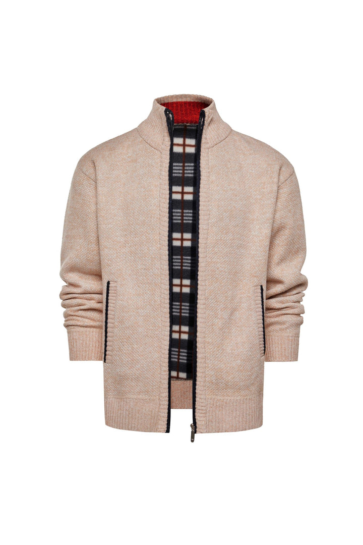 Herren gebürstete Strickjacke mit kariertem Thermofutter und Stehkragen Drune