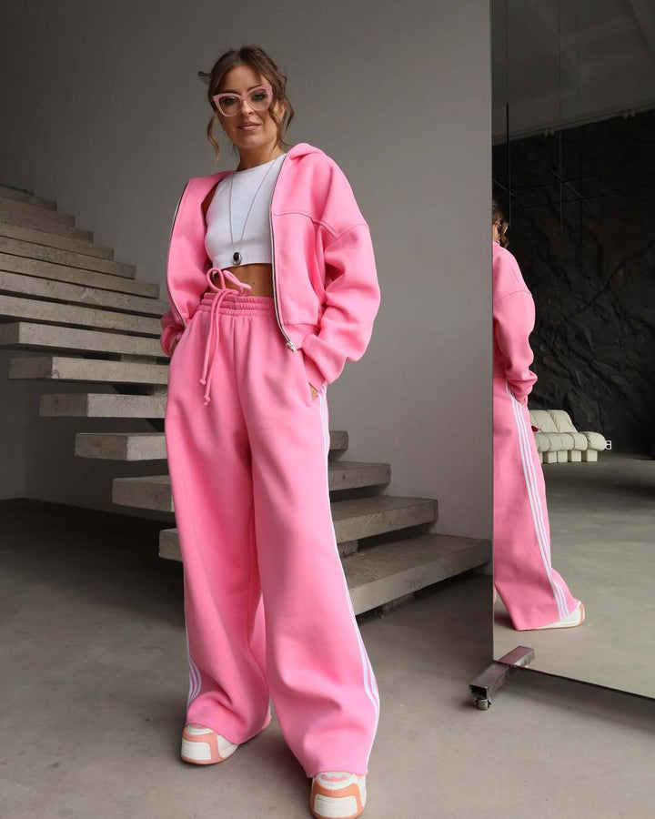 Damen lässiger Freizeit-Jogginganzug mit cropped Sweatjacke und weiten Hosen Drune