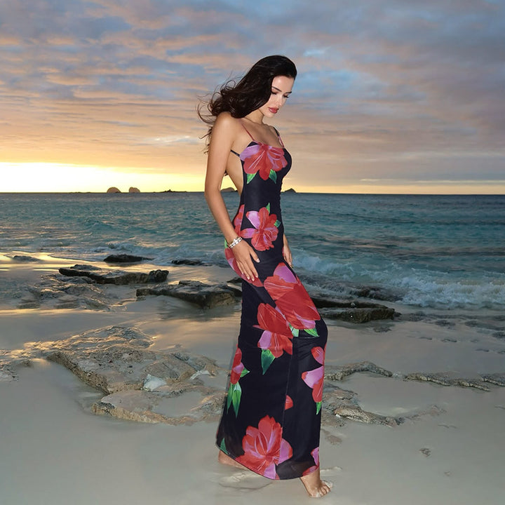 Damen figurbetontes Maxikleid mit floralen Akzenten und schmalen Spaghetti-Trägern Drune