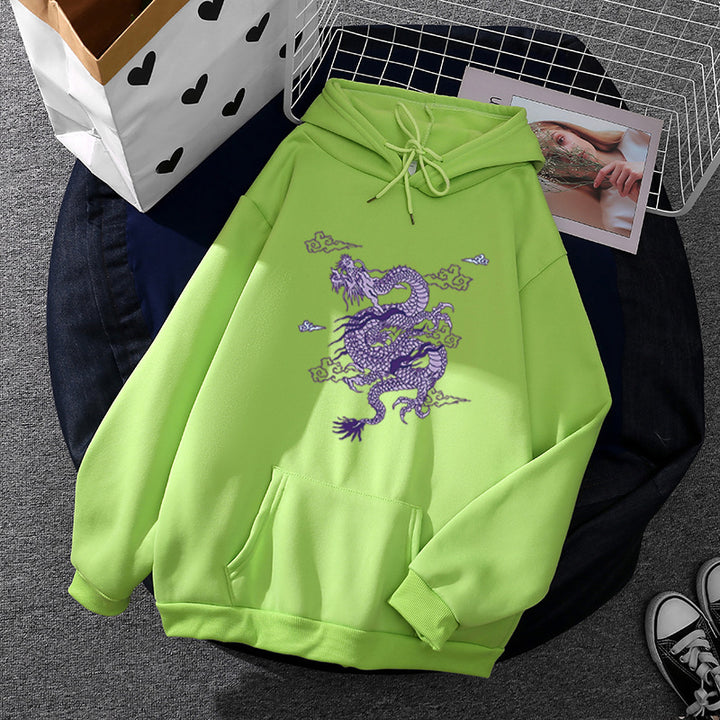 Unisex nan oversized Kapuzensweatshirt mit detailliertem Drachendruck, angerautem Fleece-Innenfutter und Känguru-Tasche Drune