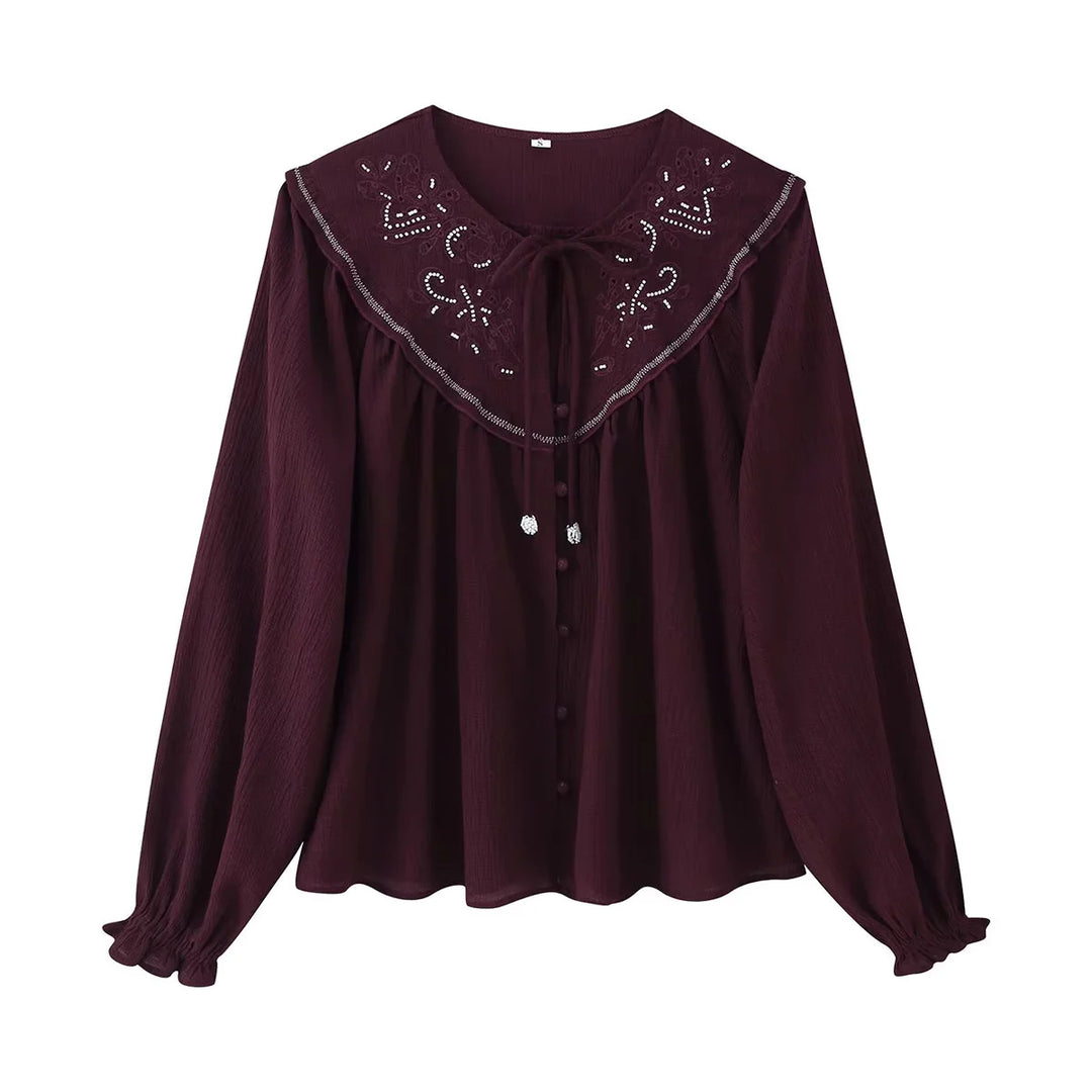 Damen nan bestickte Bluse mit übergroßem Kragen, Bindeschleife und geknöpfter Front Drune