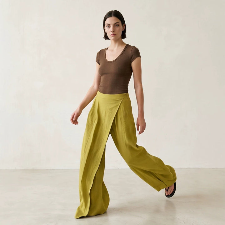 Damen High‑Waist Wickel‑Palazzohose mit weitem Bein und fließender Leinenoptik Drune