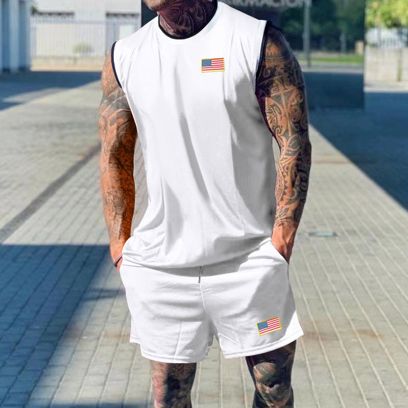 Herren sportliches Tanktop und Shorts-Set mit dekorativem Flaggenmotiv Drune
