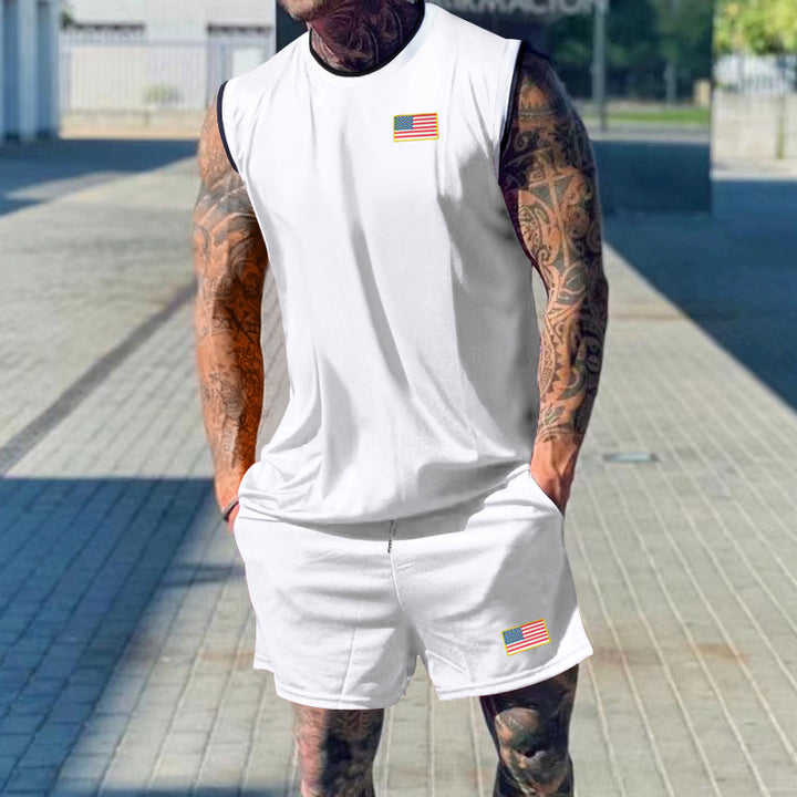 Herren sportliches Tanktop und Shorts-Set mit dekorativem Flaggenmotiv Drune