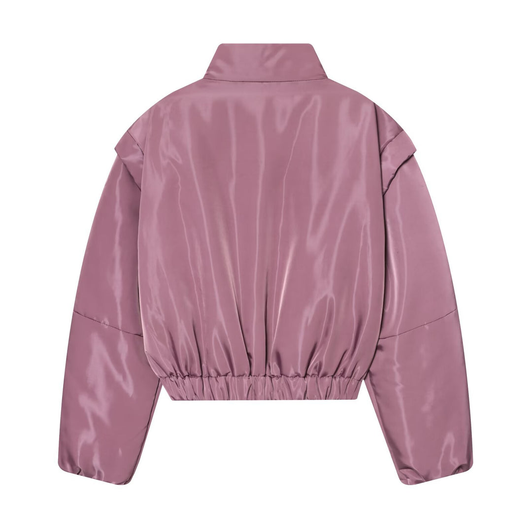 Damen Glänzende Cropped Bomberjacke mit Stehkragen und elastischem Bund Drune