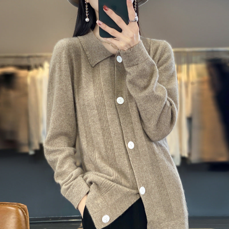Damen Knopfcardigan mit Hemdkragen und feiner Längsrippenstruktur Drune