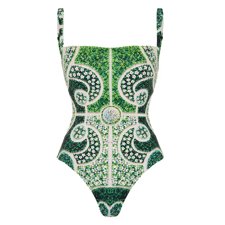 Damen Einteiler Badeanzug mit kunstvollem Blumenmuster Drune