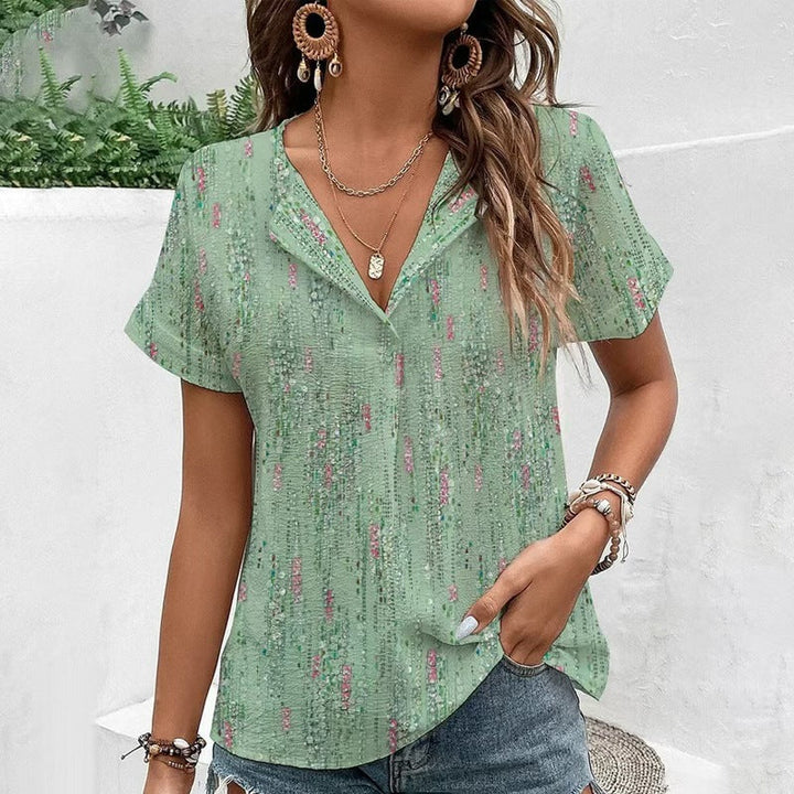 Damen nan leichte V-Ausschnitt-Bluse mit strukturierter Krepp-Optik, kurzem Kimonoärmel und abgerundetem Saum Drune