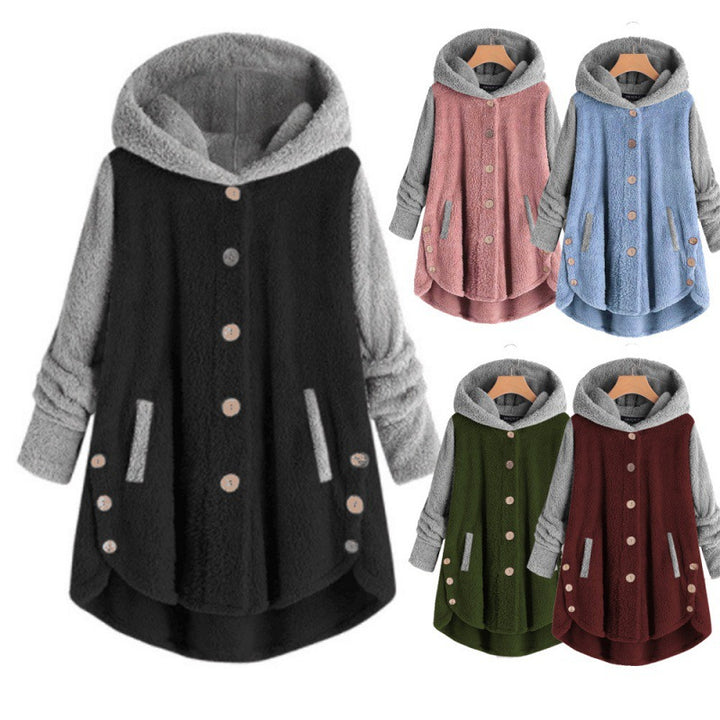 Damen Oversized Teddy-Mantel mit Kapuze, asymmetrischem Zipfelsaum und Holzknopf-Leiste Drune