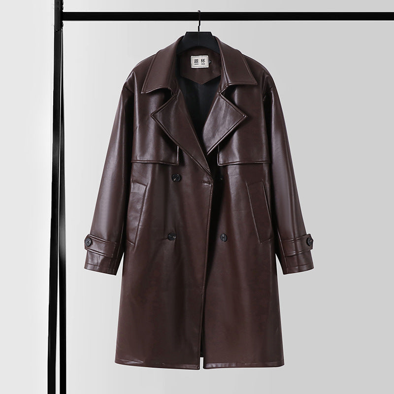 Herren Lederimitat-Trenchcoat mit Doppelreiher, Oversize-Schnitt und Manschettenriegel Drune
