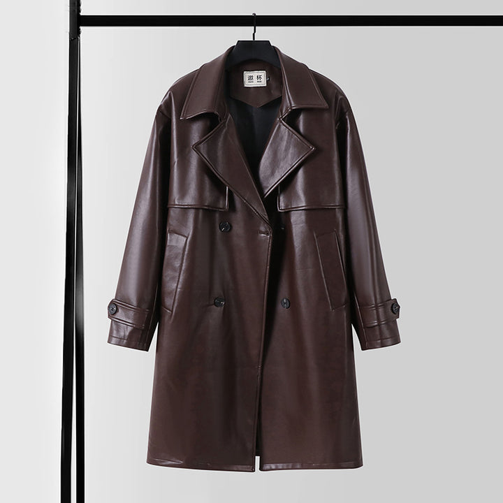 Herren Lederimitat-Trenchcoat mit Doppelreiher, Oversize-Schnitt und Manschettenriegel Drune