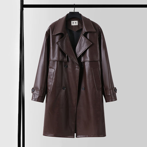 Herren Lederimitat-Trenchcoat mit Doppelreiher, Oversize-Schnitt und Manschettenriegel Drune