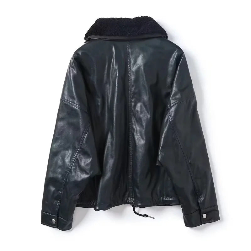 Herren nan oversize Kunstleder‑Fliegerjacke mit abnehmbarem Teddykragen, Zweiwege‑Reißverschluss und großen Pattentaschen Drune