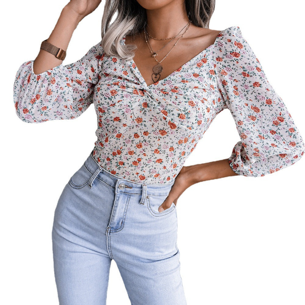 Damen Bluse mit zeitlosem Blumenprint und seitlichem Knotendetail Drune