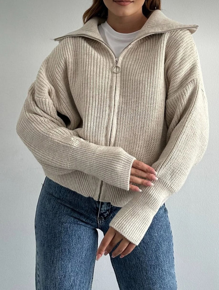 Damen Oversize Strickjacke mit Reißverschluss und hohem Kragen Drune