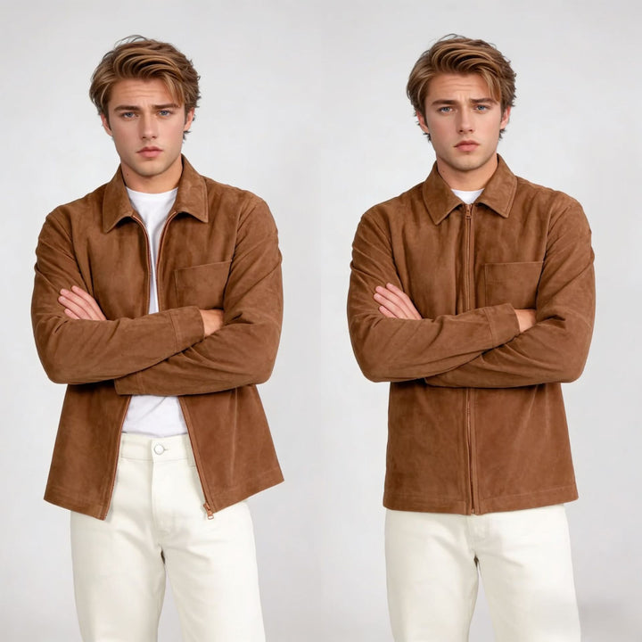 Herren Velourslederjacke mit Reißverschluss und Hemdkragen Drune