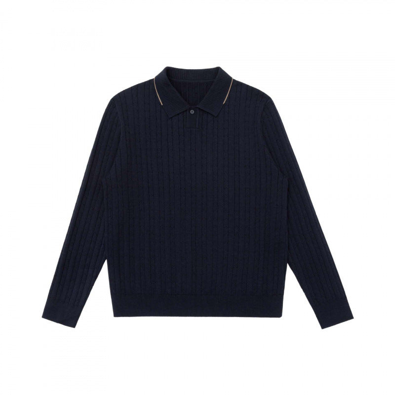 Herren Polokragen-Strickpullover mit Zopfmuster und feiner Knopfleiste Drune
