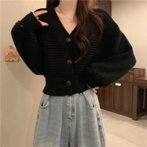 Damen gemütlicher und eleganter Strickcardigan mit voluminösen Ärmeln und Knopfdetails Drune