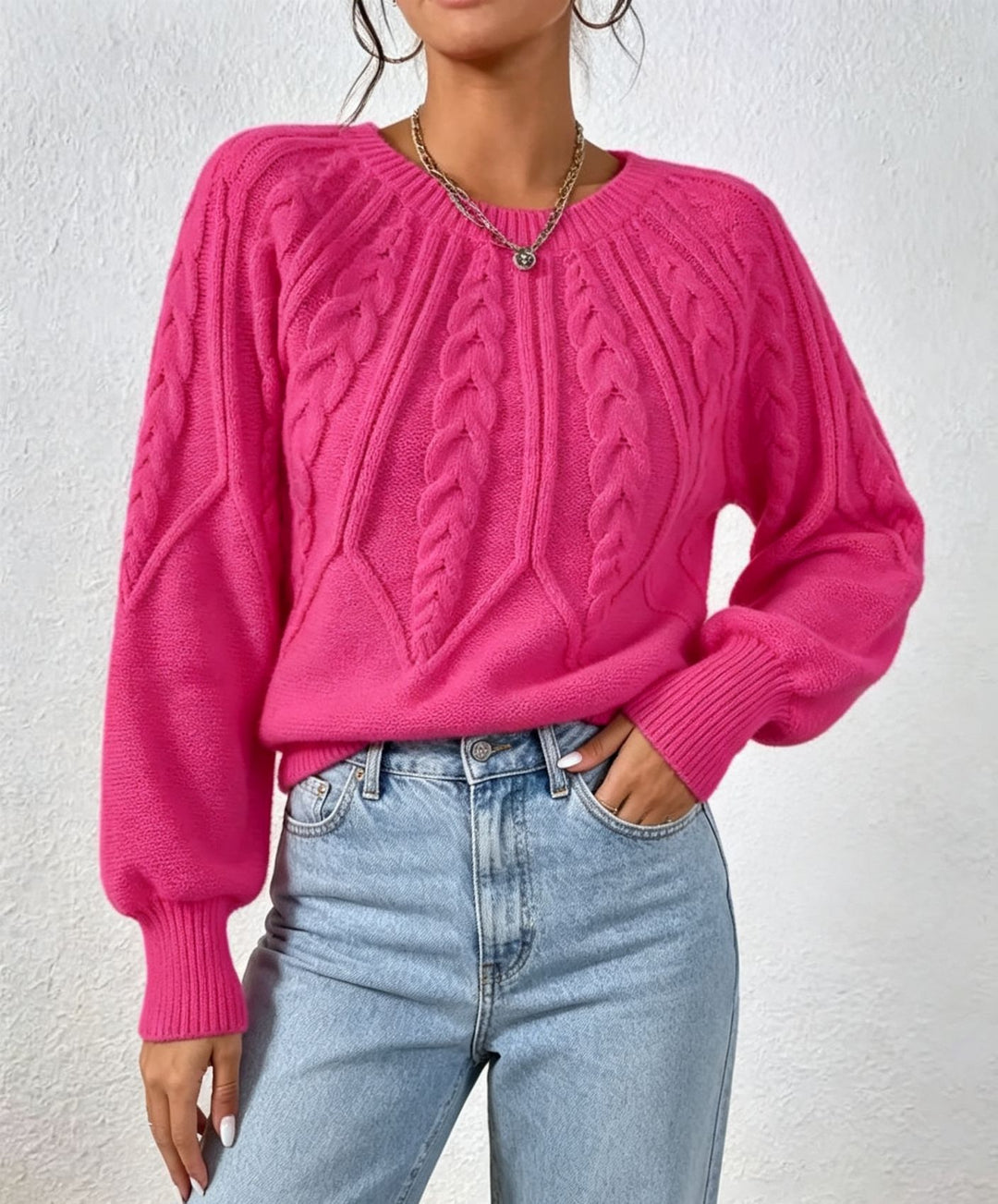 Damen kurzgeschnitteter Grobstrick-Zopfpullover mit Ballonärmeln Drune
